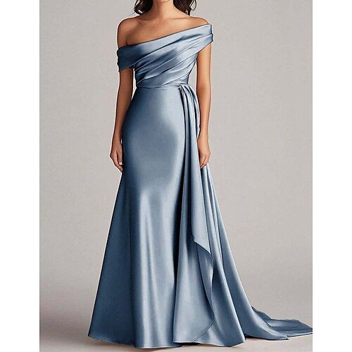 A Line Evening Gown Stretch Satin Elegant Dress Semi Formal Wedding