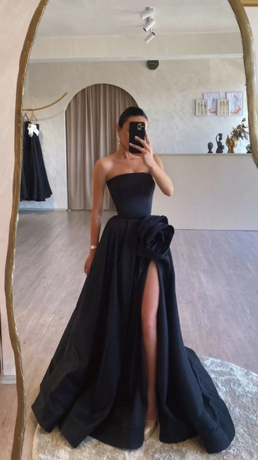 Classy Ball Gown Strapless Black Long Prom Dress Formal Summer Wedding