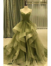 [$124.99] Elegant Sage Green Ruffled Tulle Wedding Dress Sweetheart