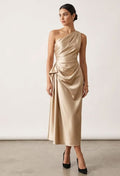One Shoulder Satin Midi Dress Ruched Waist Formal Gown, Elegant
