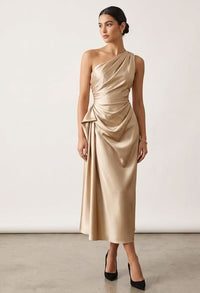 One Shoulder Satin Midi Dress Ruched Waist Formal Gown, Elegant
