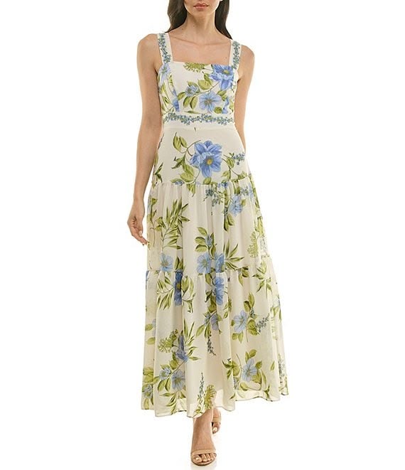 Square Neck Floral Print Chiffon Tiered Maxi Dress