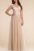 Nude Lace And Chiffon Cap Sleeve V Neck Formal Dress