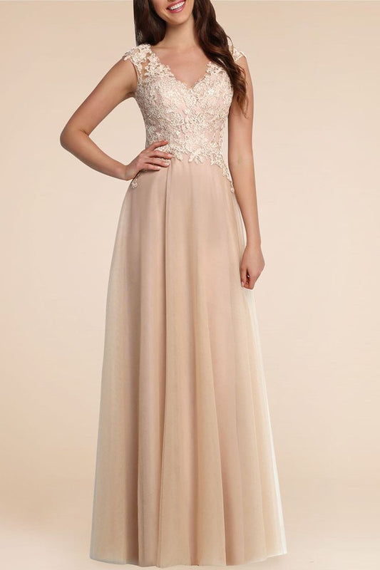 Nude Lace And Chiffon Cap Sleeve V Neck Formal Dress