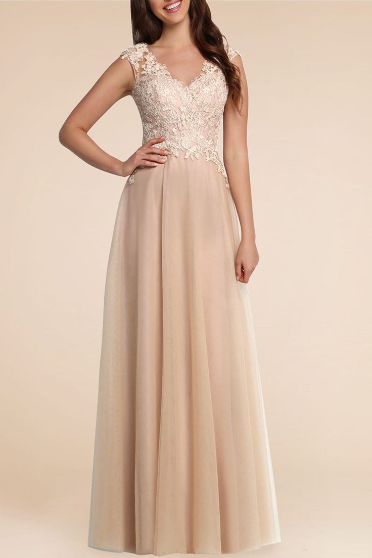 Nude Lace And Chiffon Cap Sleeve V Neck Formal Dress