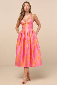 Vivinna Pink and Orange Floral Jacquard Pleated Midi Dress