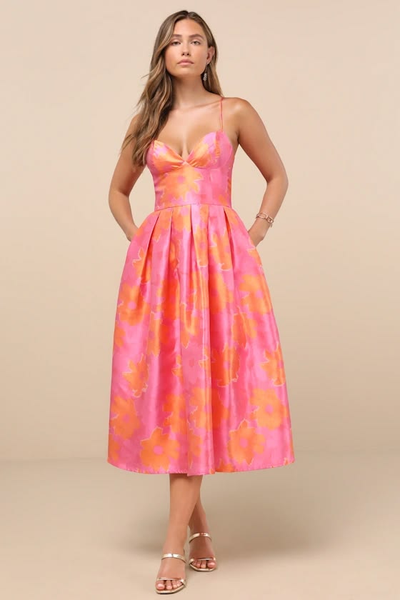 Vivinna Pink and Orange Floral Jacquard Pleated Midi Dress