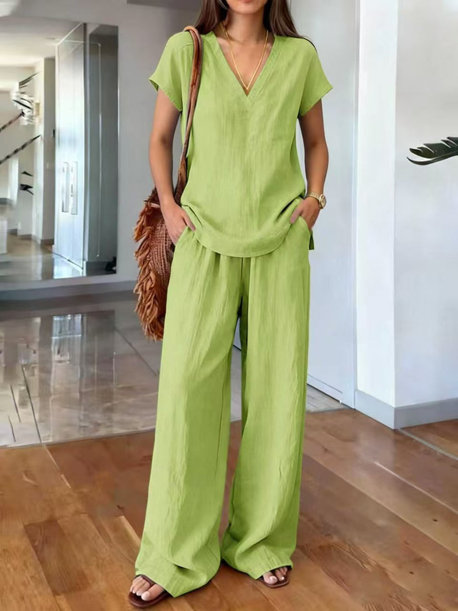 Klarisa Casual V-Neck Linen Two-Piece Set