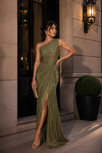Olive Green Pleated Evening Dress, One Shoulder Gown, Formal Wedding Guest Maxi Dress