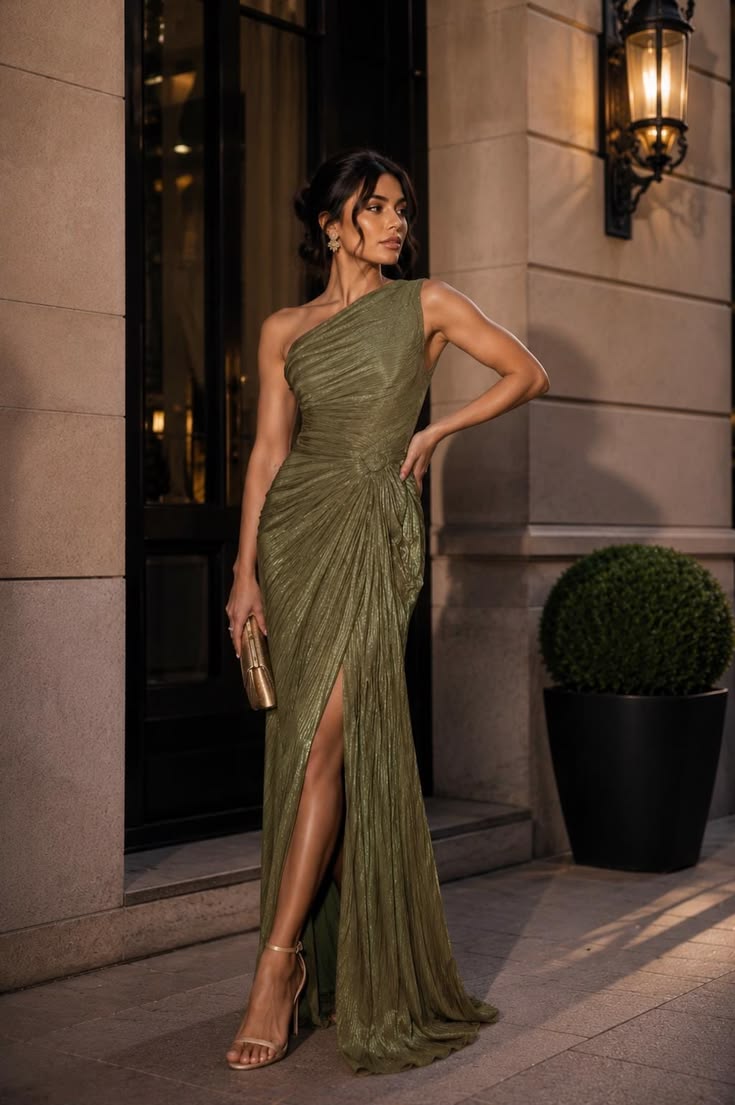 Olive Green Pleated Evening Dress, One Shoulder Gown, Formal Wedding Guest Maxi Dress