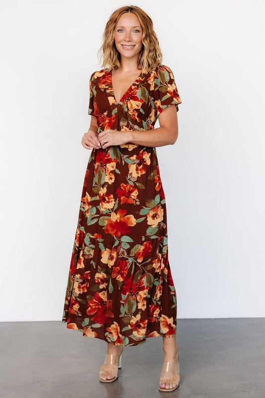 Cassie Maxi Dress Copper Floral Print