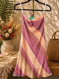 Boho Satin Slip Dress In Pink & Peach Floral Stripes Color: Orange