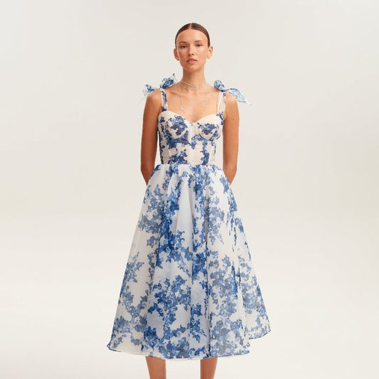 Milla Dress Blue Flutter Sleeve Sweetheart Midi Dress Color: Blue