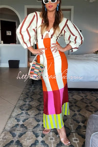 Kaya Linen Blend Color Block Print Front Cutout Knot Puff Sleeve Maxi