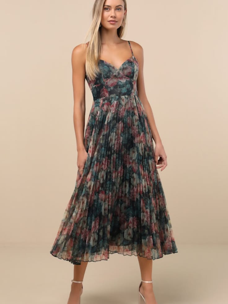 Dress Alondra Dark Green Multi Floral Pleated Midi Dress Size S Color: