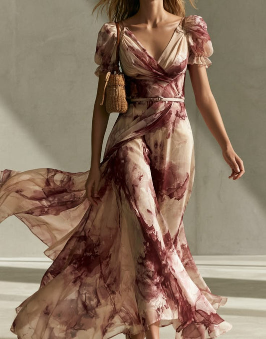 Women's Blush & Burgundy Watercolor Floral Chiffon Wrap With Ruffled