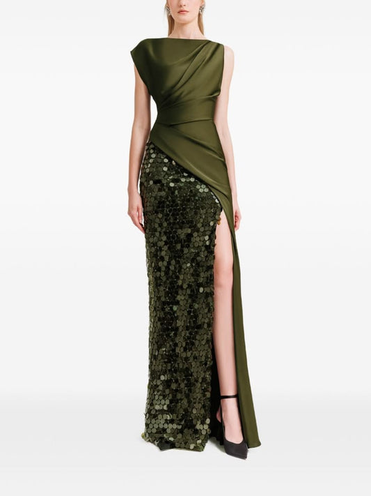 Gemy Maalouf Sequin Embellished Draped Dress Green