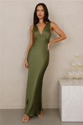 The Isabeau Satin Maxi Dress Olive XL Green