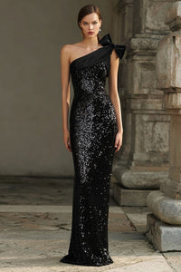 Sparkly Black Sequins One Shoulder Long Holiday Party Dress With Bow