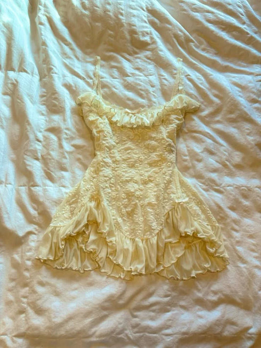 Vintage A Line Spaghetti Straps Yellow Lace Short Mini Formal 8th