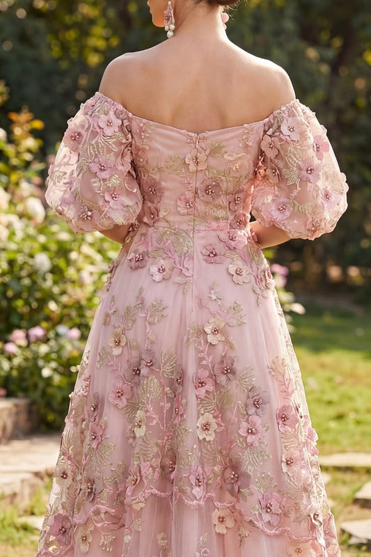 Puff Sleeves Floral Pink Fuchsia A Line Maxi Wedding Guest Dress With