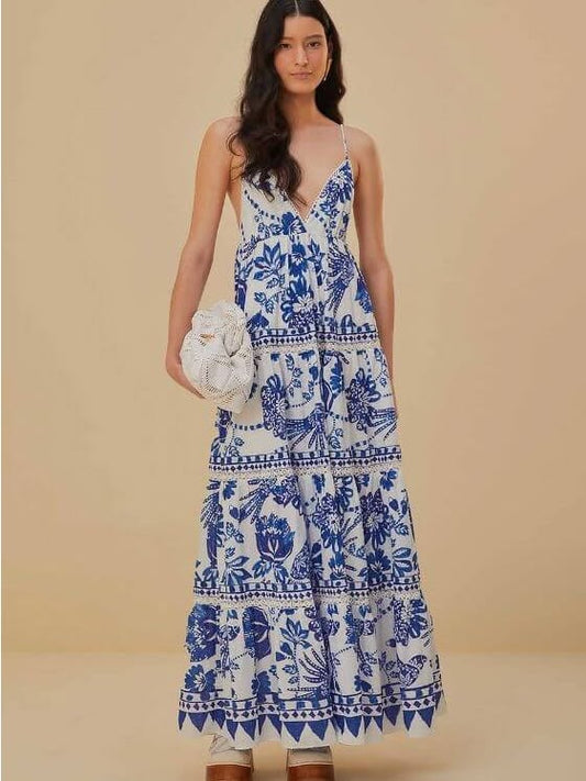 Farm Rio Dress Flowerful Birds Maxi Dress Color: Blue White Size: Xs