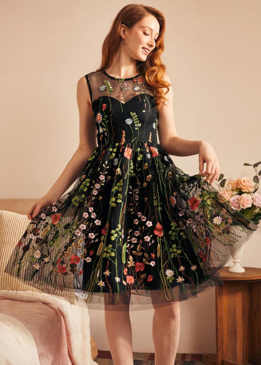 Black Embroidered Floral Mesh Fit & Flare Party Dress ModCloth