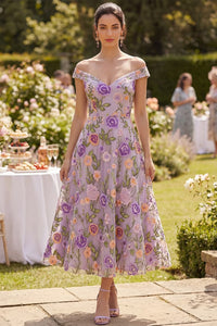 A Linie Abseits Der Schulter, Lila Tull Besticktes Midi Blumenkleid