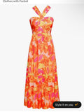 Grace Karin Dress Grace Karin Orange & Pink Floral Halter Maxi Dress