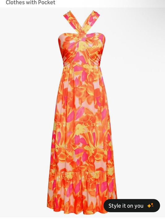 Grace Karin Dress Grace Karin Orange & Pink Floral Halter Maxi Dress