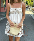 Boho Beach Cotton Floral Embroidered Strap Mini Dress Women Casual
