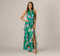 Multi Colored Floral Chiffon Blouson Ruffle Halter Gown Adrianna