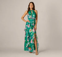 Multi Colored Floral Chiffon Blouson Ruffle Halter Gown Adrianna
