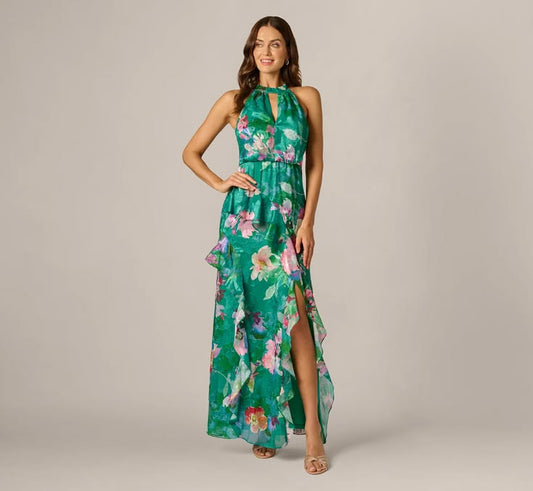 Multi Colored Floral Chiffon Blouson Ruffle Halter Gown Adrianna