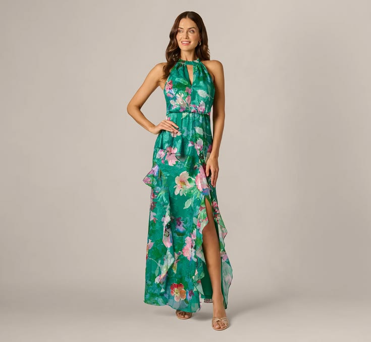 Multi Colored Floral Chiffon Blouson Ruffle Halter Gown Adrianna