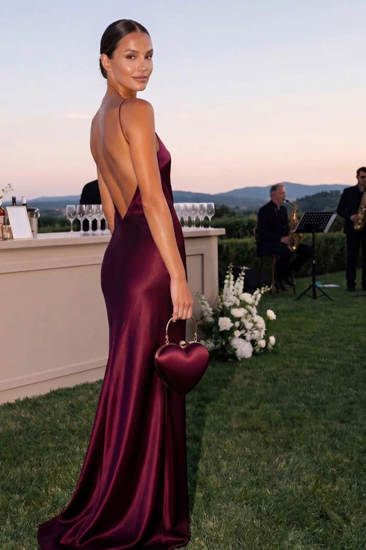 Backless Halter Formal Dress Plum Satin Bias Cut Slip Gown Pure