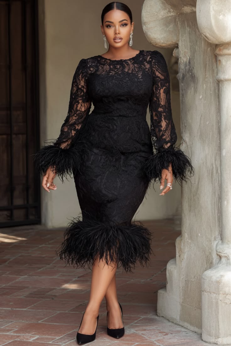 Xpluswear Design Plus Size Cocktail Party Black Round Neck Long Sleeve