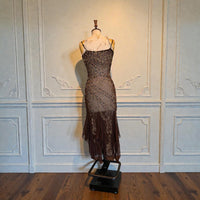 Tory, 90s beaded brown bias cut chiffon handkerchief dress