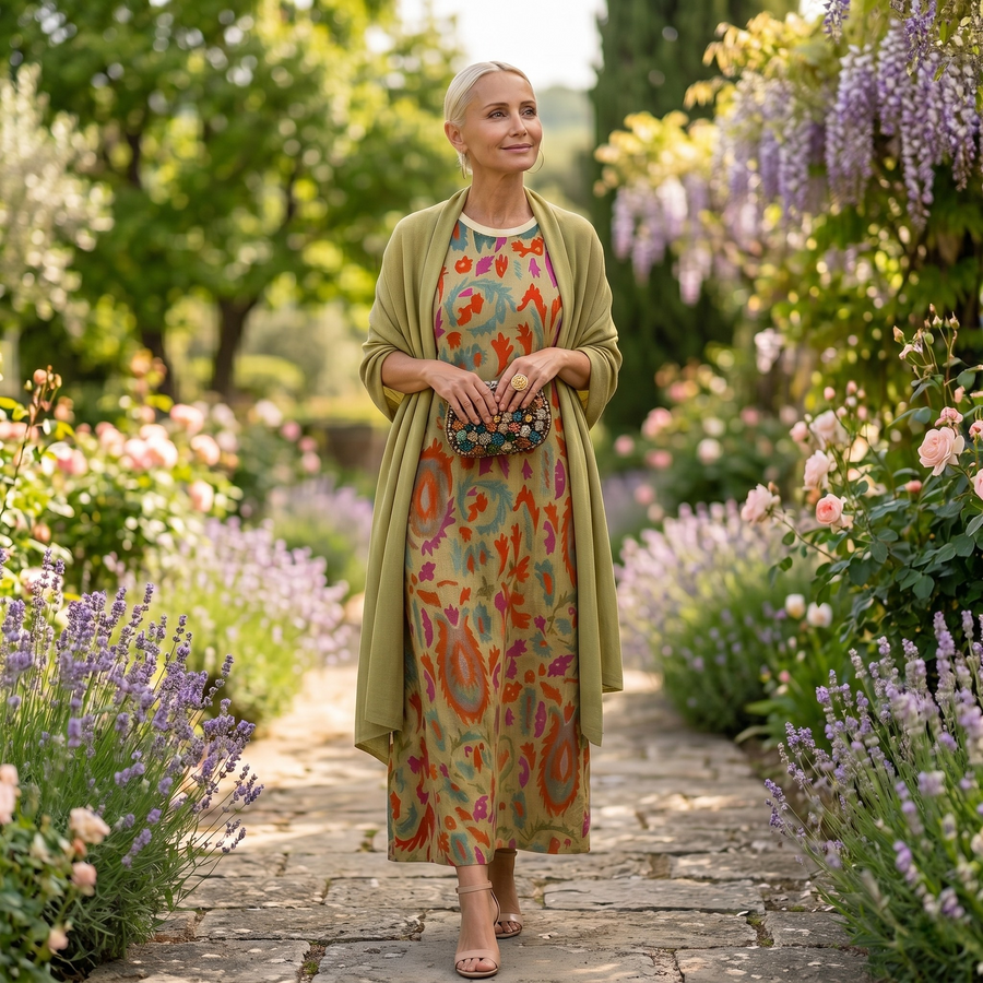Daniella - Long Printed Dress with Coordinated Waistcoat