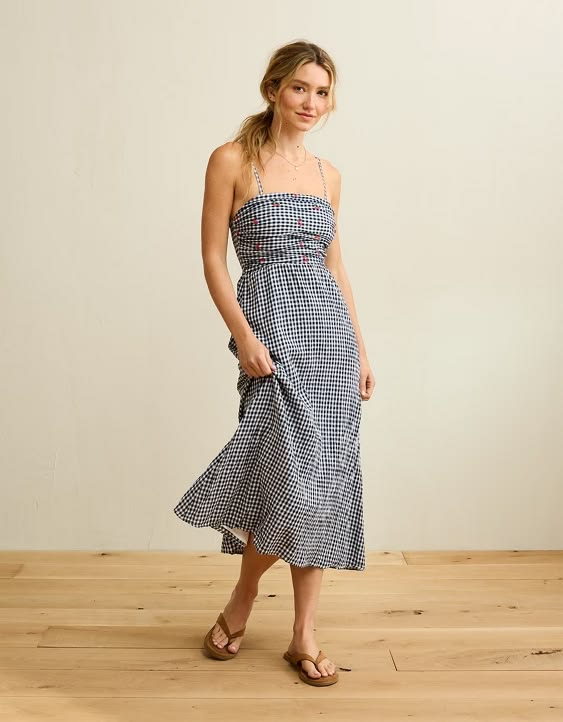 AE Strapless Smocked Embroidered Midi Dress