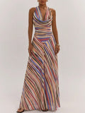 Multicolor Elegant Women's Draped Neck Asym Hem A Line Striped Dress