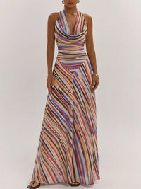 Multicolor Elegant Women's Draped Neck Asym Hem A Line Striped Dress