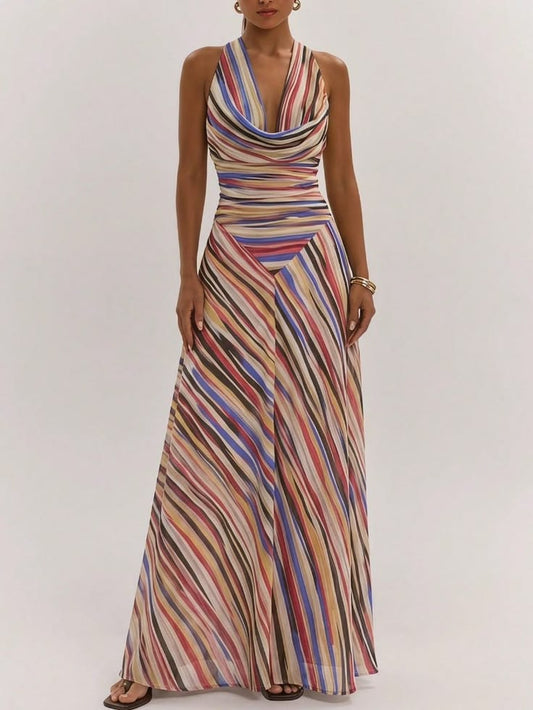Multicolor Elegant Women's Draped Neck Asym Hem A Line Striped Dress