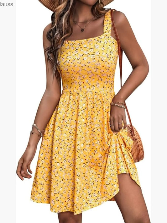Sleeveless Square Neck A Line Midi Dress With Pockets, Casual Summer