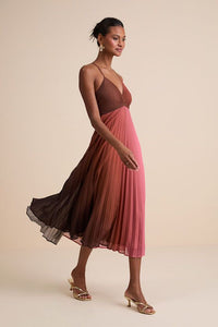 Belisse Rust Ombre Pleated Lace-Up Midi Dress