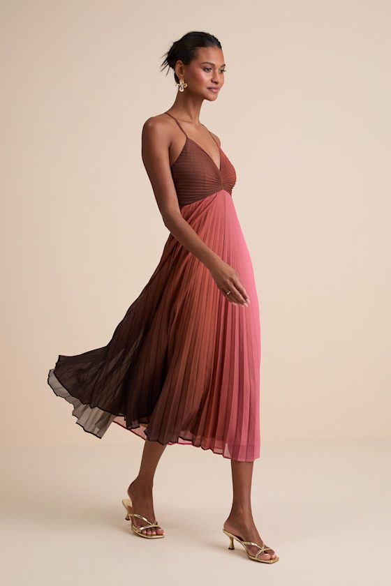 Belisse Rust Ombre Pleated Lace-Up Midi Dress
