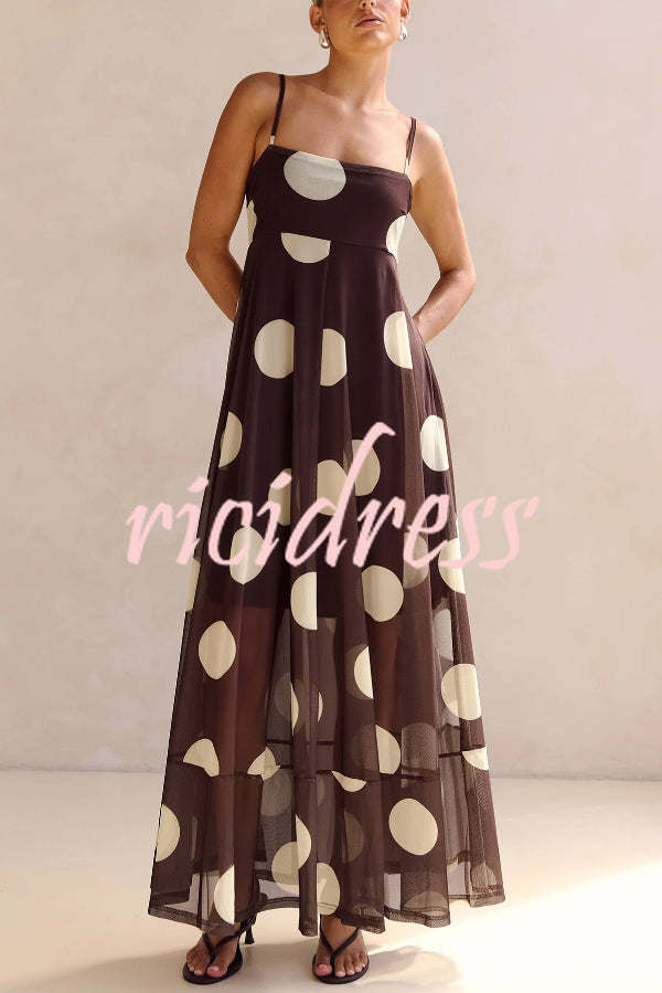 Polka Dot Print Mesh Spaghetti Strap Square Neck Vacation Maxi Dress