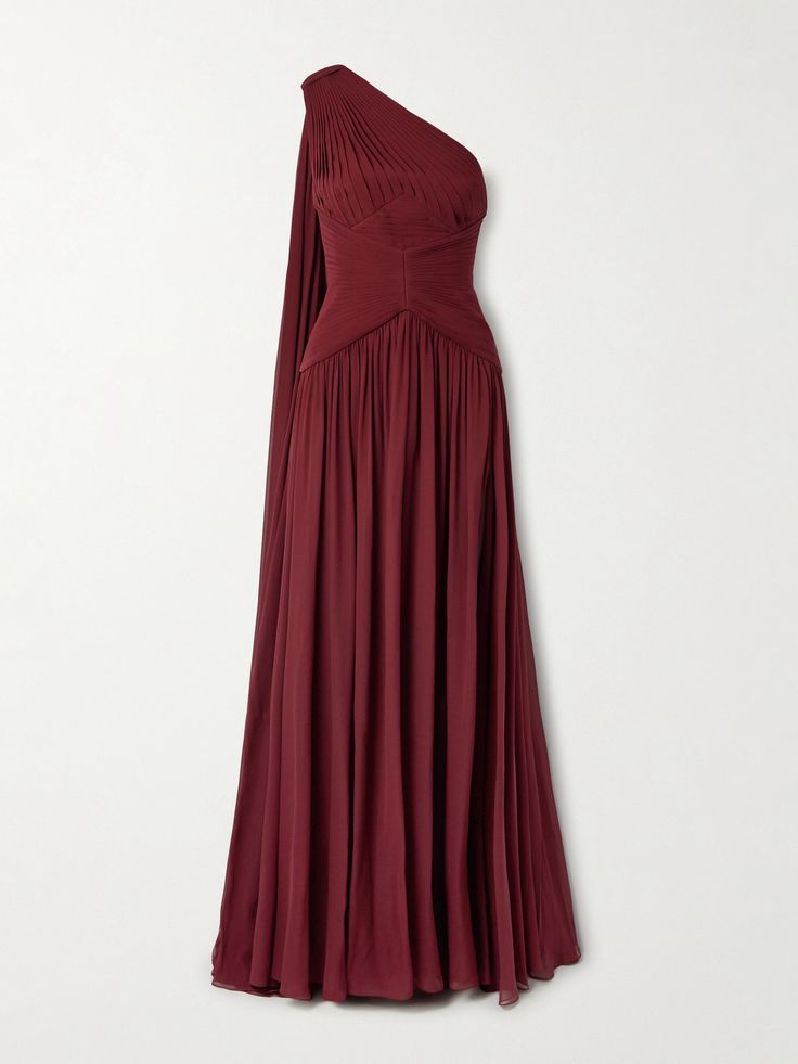 Elie Saab - One-shoulder Draped Gathered Silk-georgette Gown - Burgundy - FR 36