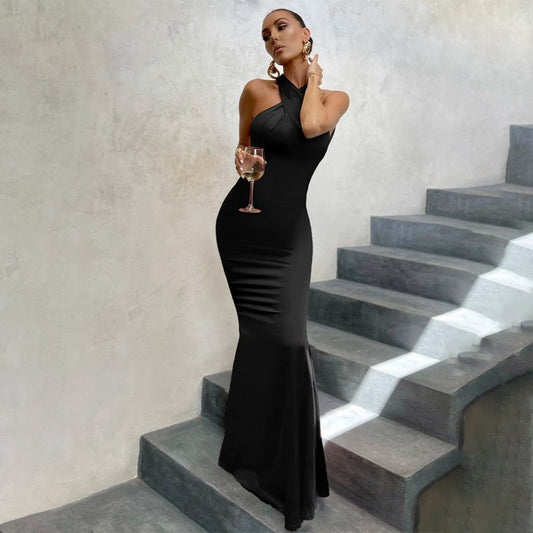 Gabriella | Womens Fishtail Dress with Open Back and Fitted Cut Black