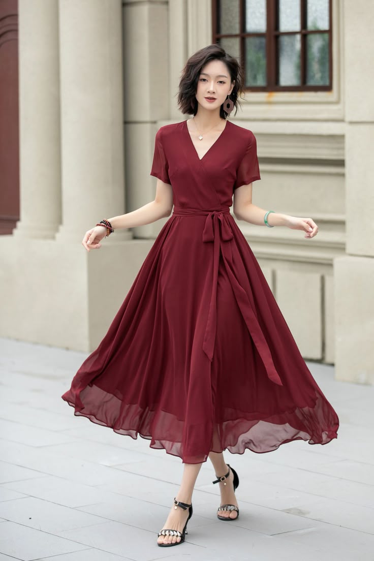 Burgundy Midi Fit And Flare Prom Chiffon Dress